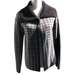 A.IDA Houndstooth Cardigan Wide Faux Fur Collar Wool Gray And Black Size Small